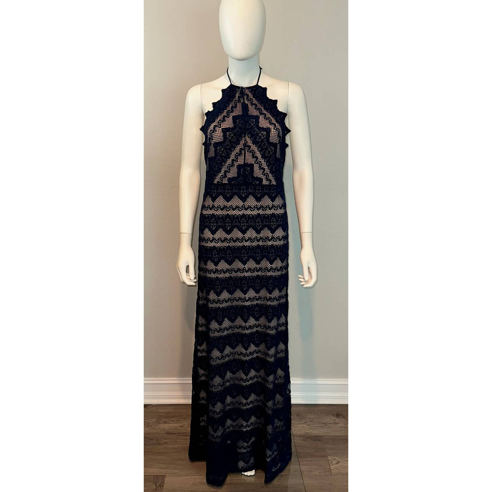 NWT $498 NIGHTCAP Anthropologie "Monaco" navy tan lace maxi dress gown L - Picture 3 of 8